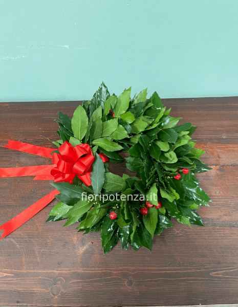 CORONCINA DI ALLORO CON BACCHE ROSSE E FIOCCO ROSSO O DI ALTRO COLORE